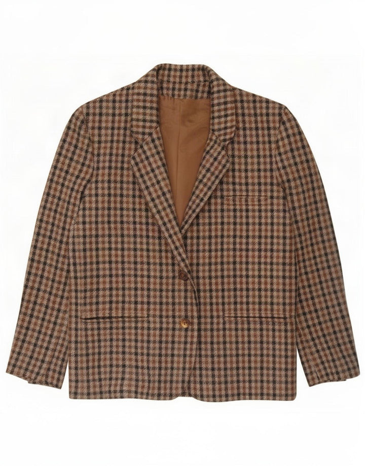 Vintage Dame 2-knaps blazerjakke UK 14 Medium Brun Houndstooth Uld