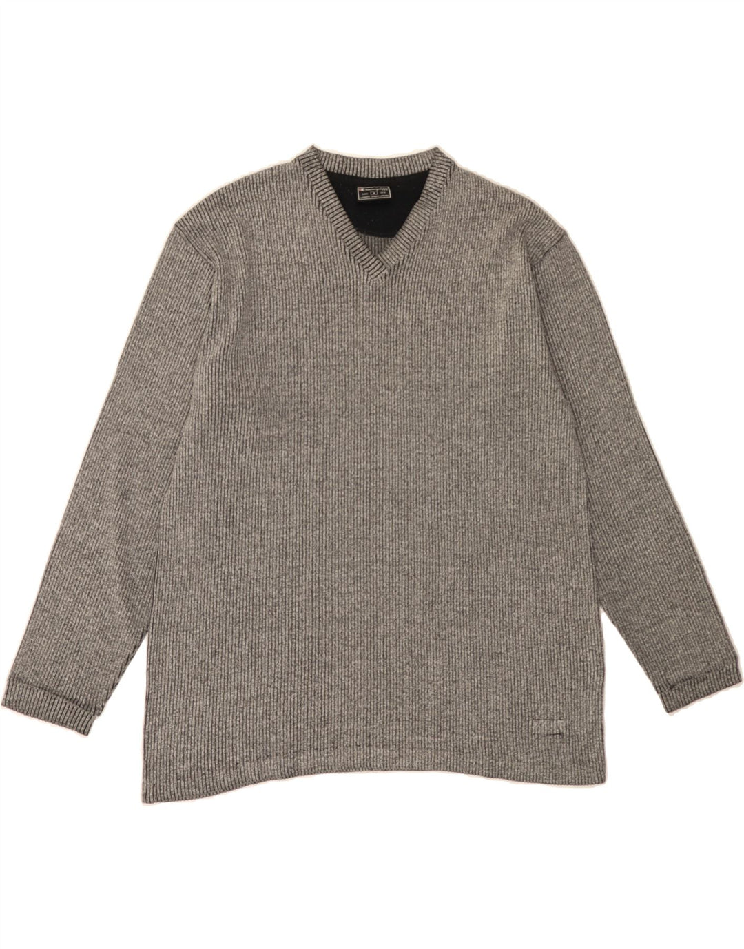 CHAMPION Mens V-Neck Jumper Sweater Medium Grey Striped Cotton Vintage Champion and Second-Hand Champion from Messina Hembry 