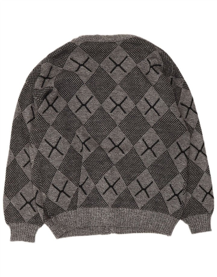 Vintage herre cardigan sweater stor grå argyle/diamant akryl