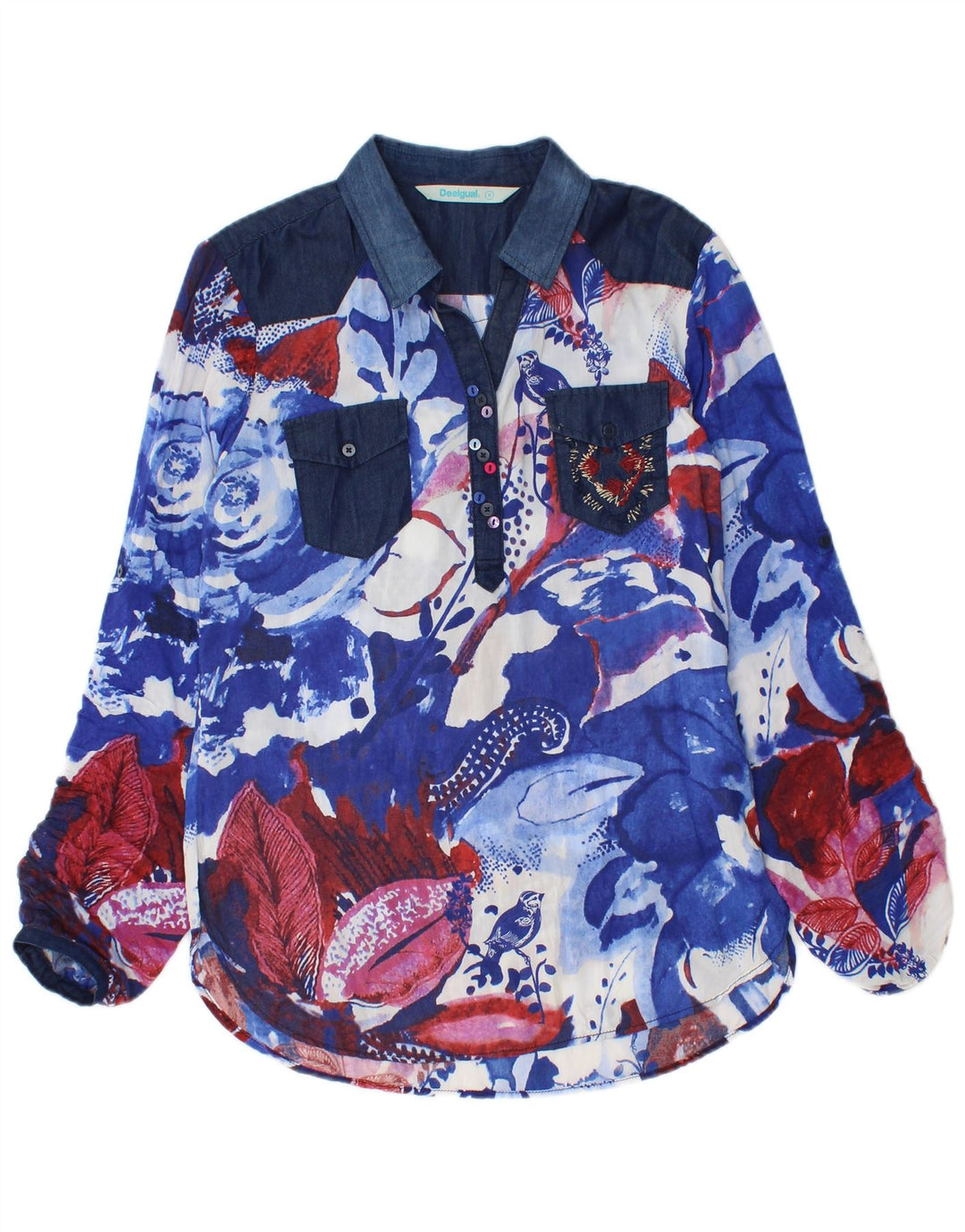 Desigual Dame Pullover Shirt Bluse UK 10 Small Blue Floral