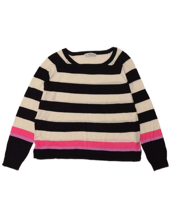 Zara Dame Boat Neck Jumper Sweater UK 14 Medium White Striped Viscose