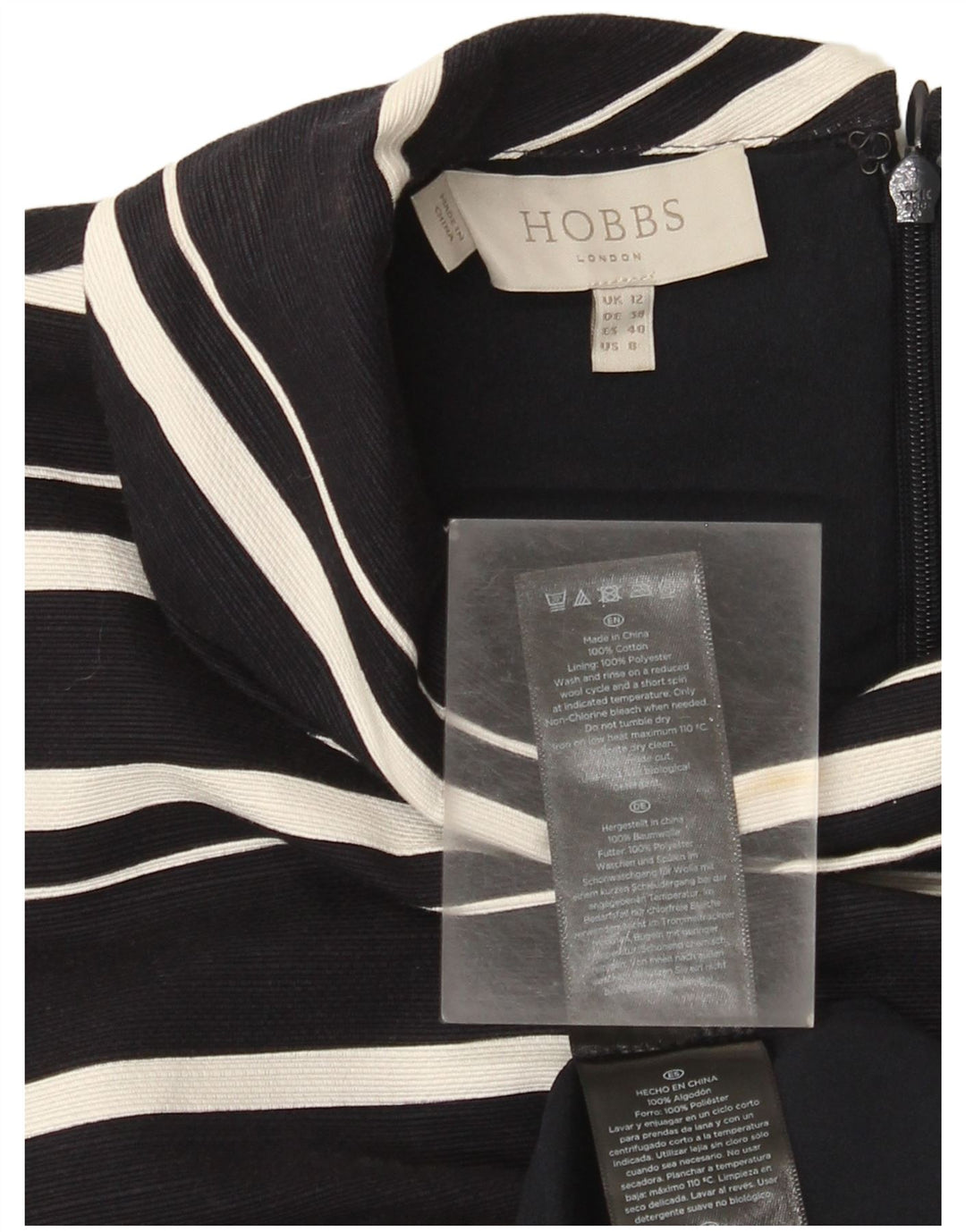 Hobbs Kvinders Skede Kjole UK 12 Medium Sort Stribet Bomuld