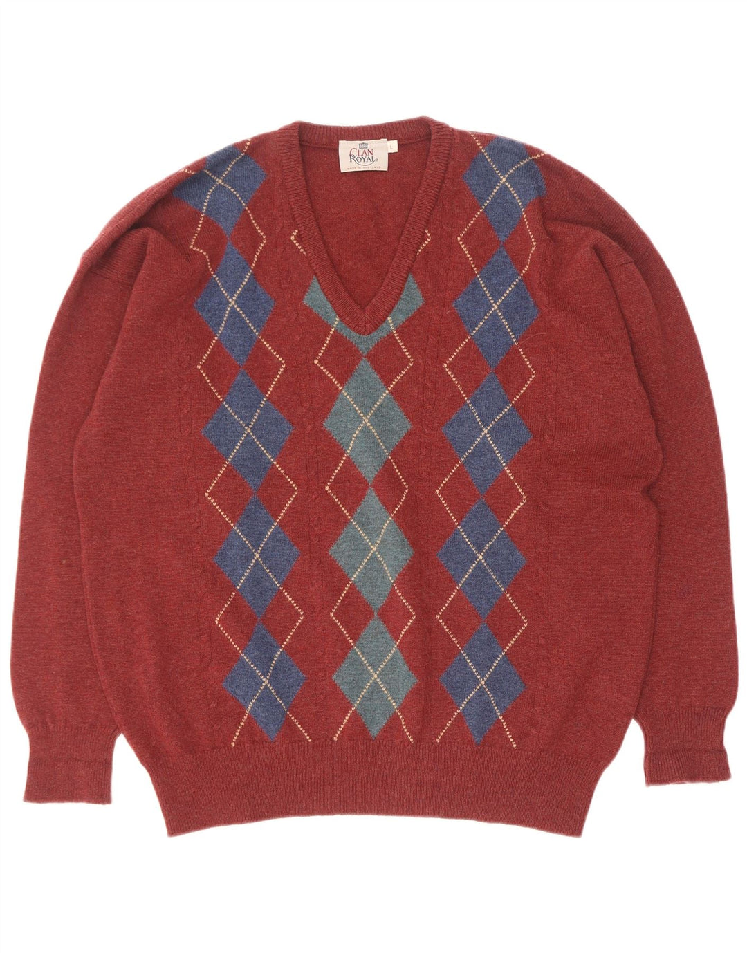 Clan Royal Herre V-hals sweater Stor Rød Argyle/Diamant lammeuld