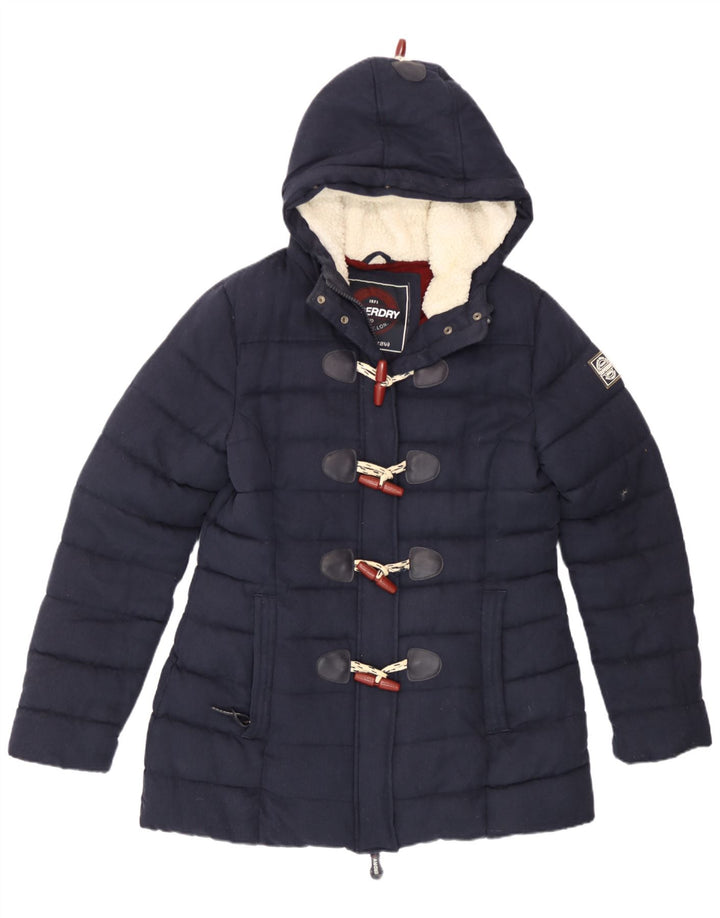 Superdry Duffle Polstret jakke med hætte til kvinder UK 14 Stor marineblå polyester