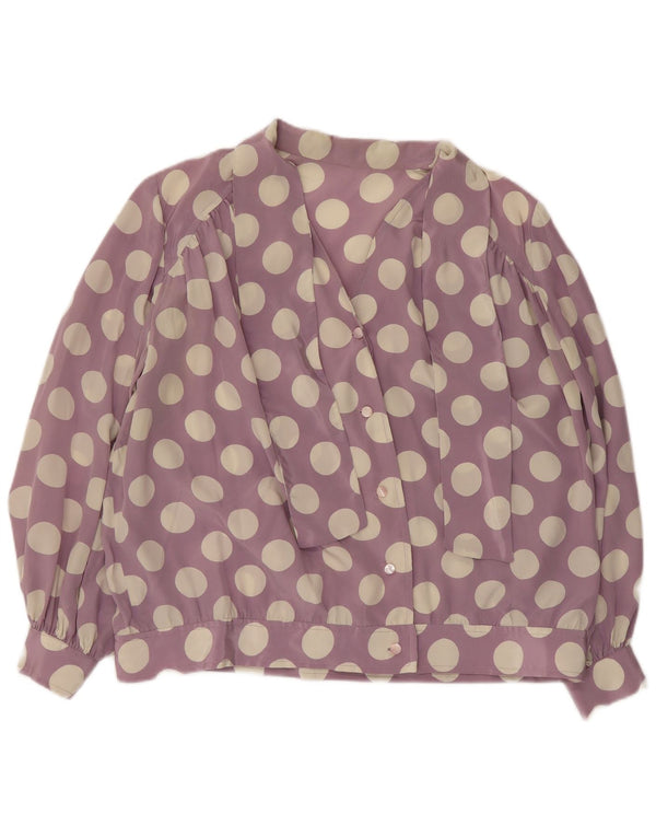 Vintage Dame Front Tie Shirt Bluse UK 16 Large Purple Polka Dot