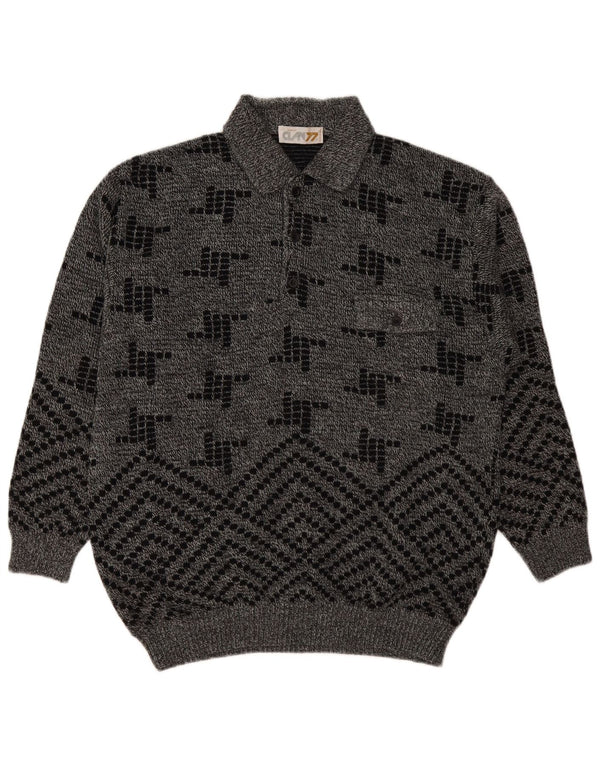 Vintage Herre Polo Neck Jumper Sweater IT 50 Medium Grå Geometrisk Akryl