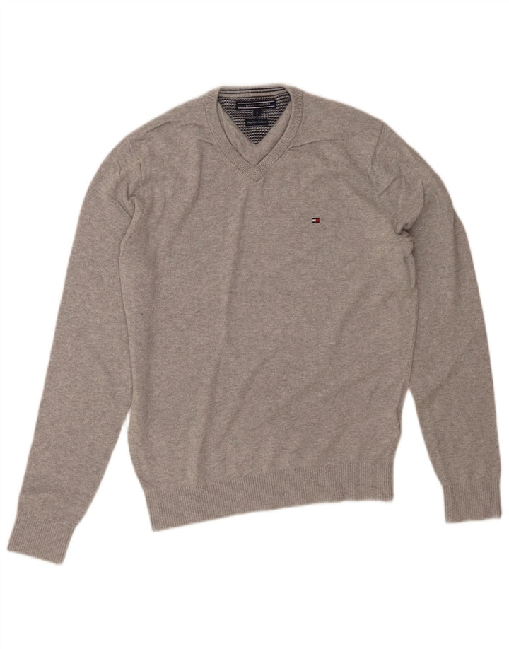 TOMMY HILFIGER Mens V-Neck Jumper Sweater Small Grey Cotton