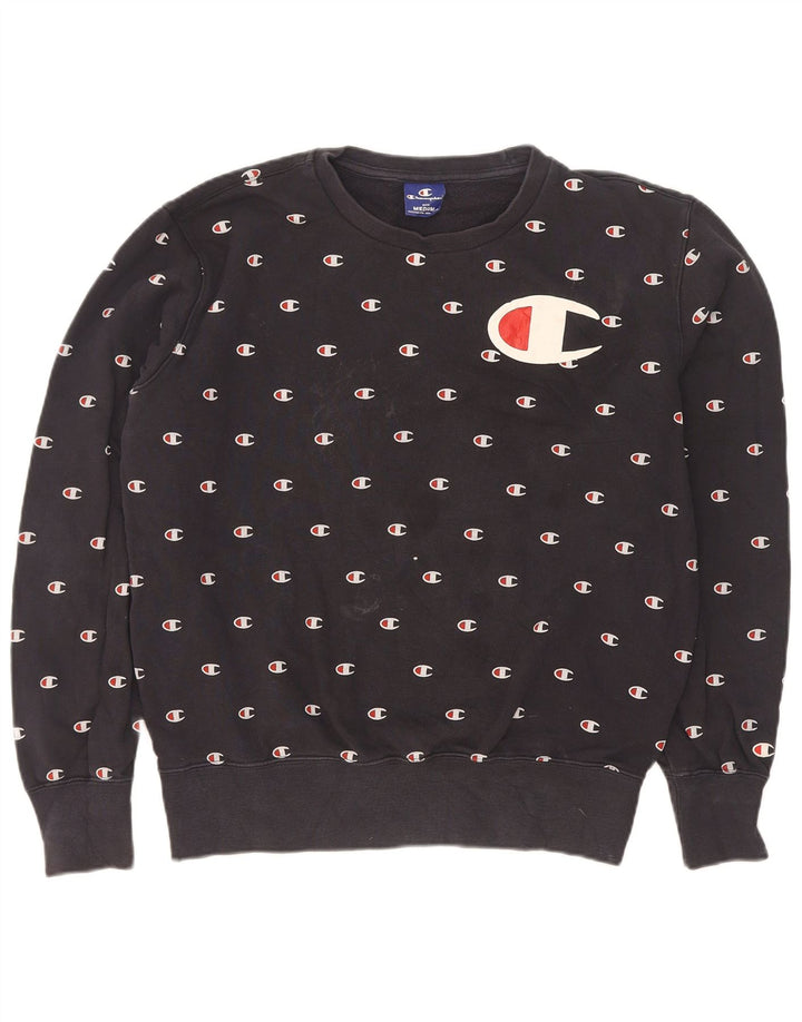 Champion Dame Grafisk Sweatshirt Jumper UK 14 Medium Navyblå Bomuld
