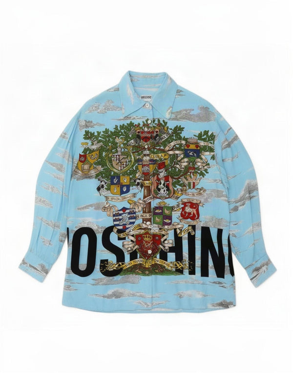 Moschino Dame Oversized grafisk skjorte UK 10 Small Blue Viscose Designer