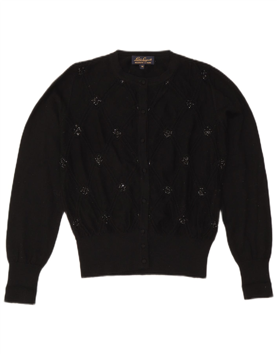 Luisa Spagnoli Dame Cardigan Sweater UK 14 Medium Sort Geometrisk Uld