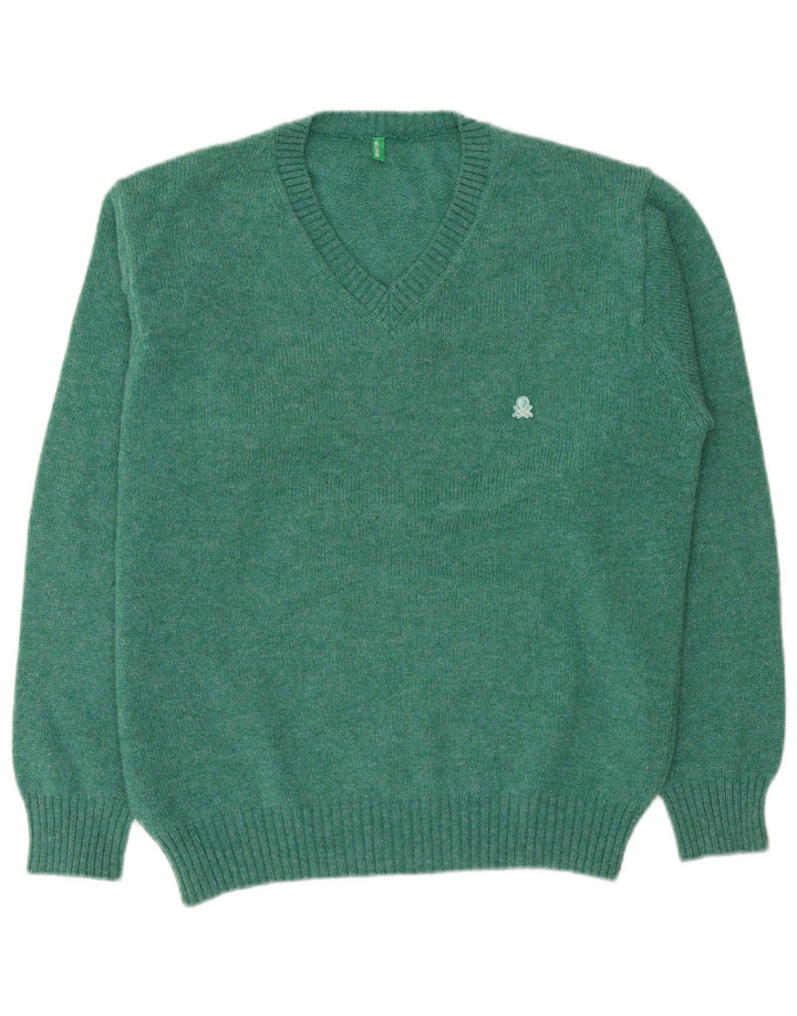 Benetton Herre V-hals sweater Stor grøn uld