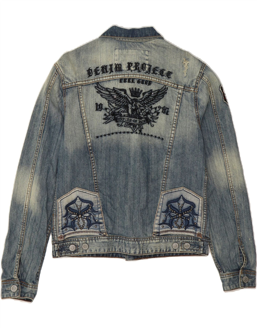 VINTAGE Mens Graphic Denim Jacket UK 36 Small Blue Cotton Vintage Vintage and Second-Hand Vintage from Messina Hembry 
