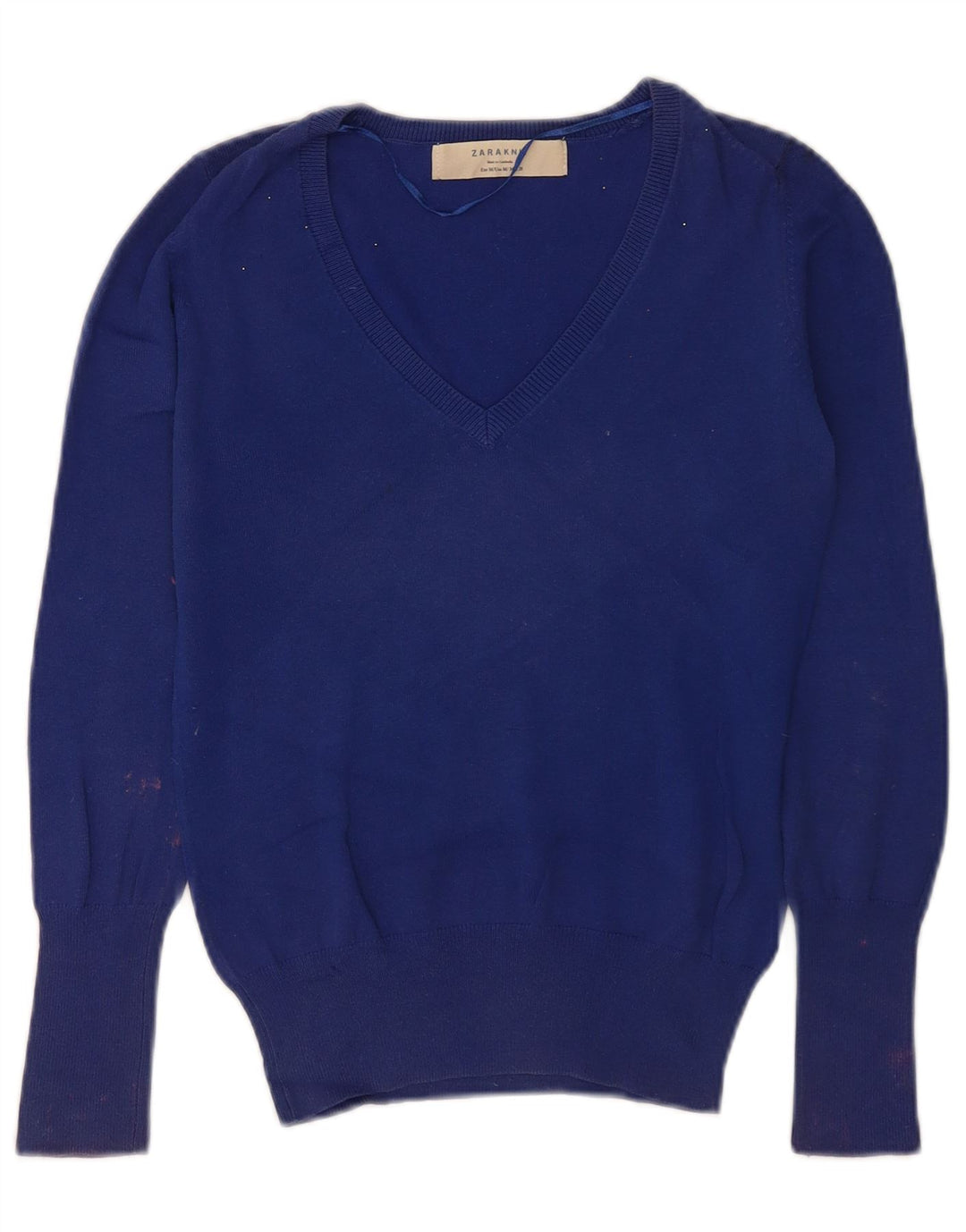 Zara Dame V-hals sweater UK 12 Medium Blue Bomuld