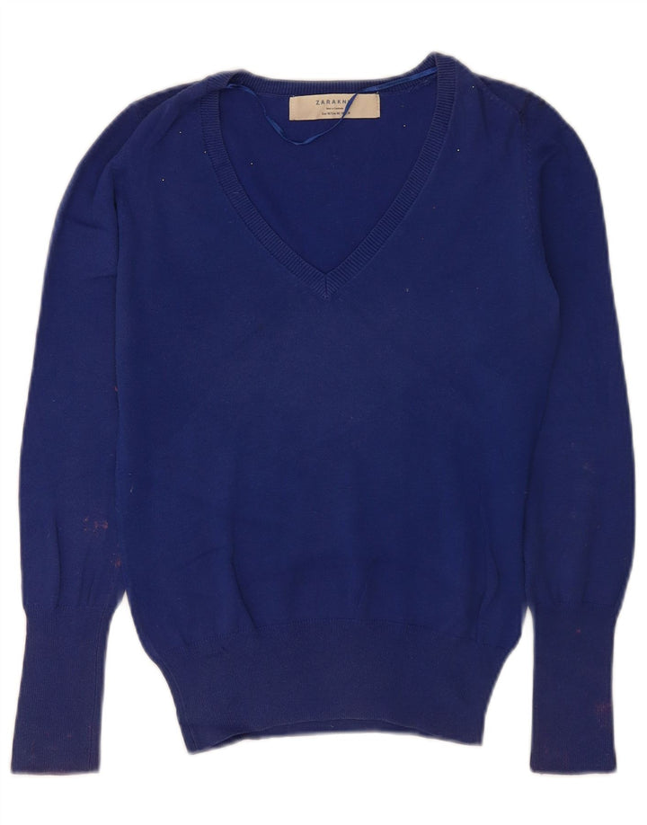 Zara Dame V-hals sweater UK 12 Medium Blue Bomuld