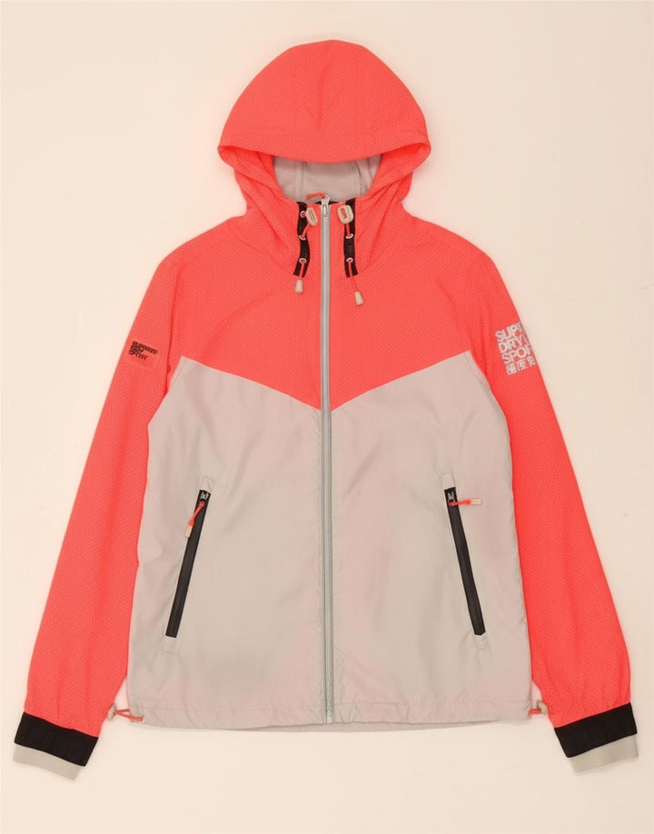 SUPERDRY Womens Graphic Hooded Rain Jacket UK 14 Medium Pink Colourblock