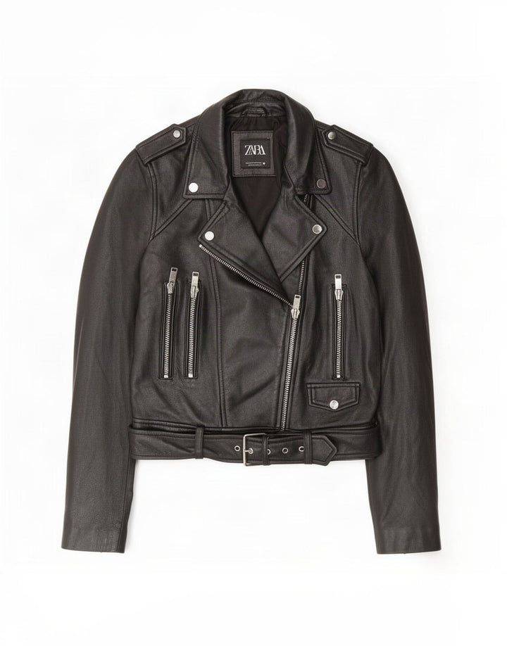 Zara Læder Biker Jacket UK 12 Medium Sort