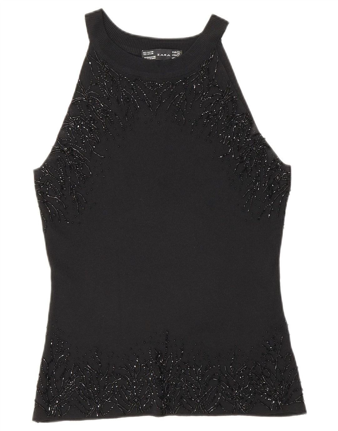 Zara Dame ærmeløs bluse Top UK 14 Large Black Rayon