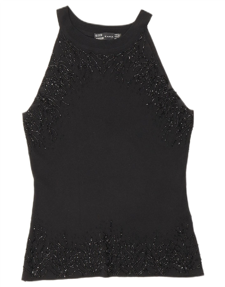 Zara Dame ærmeløs bluse Top UK 14 Large Black Rayon