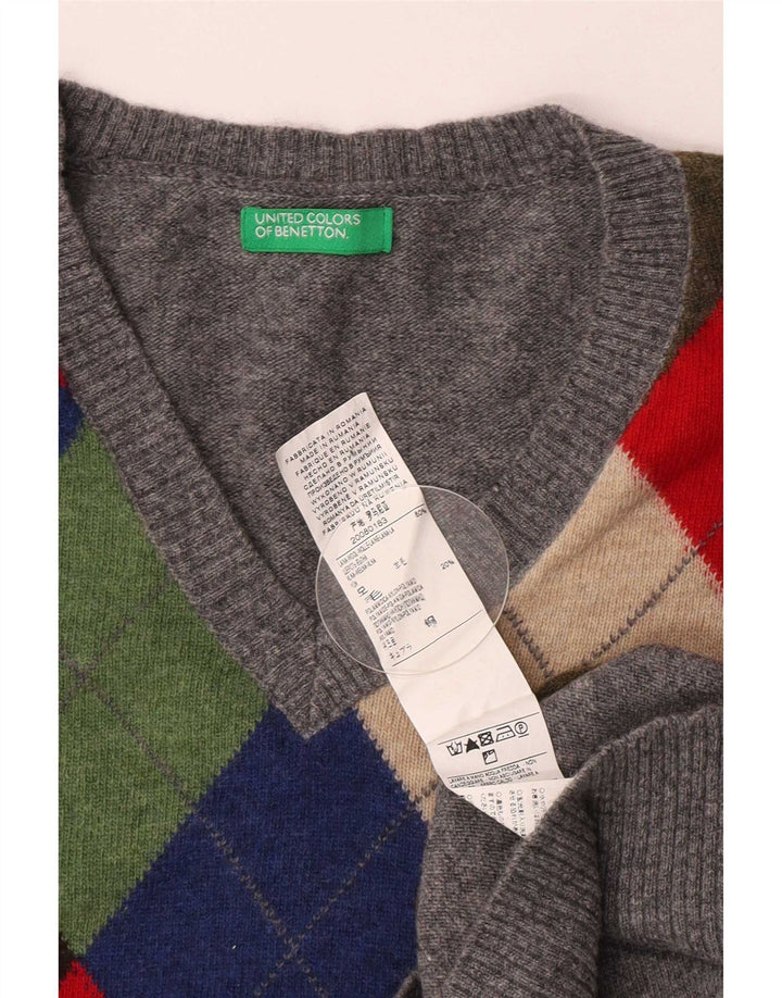 Benetton Herre V-hals sweater Medium Grey Argyle/Diamond Wool