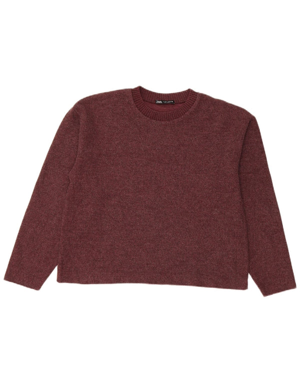Zara Womens Crop Crew Neck Jumper Sweater UK 10 Small Burgundy