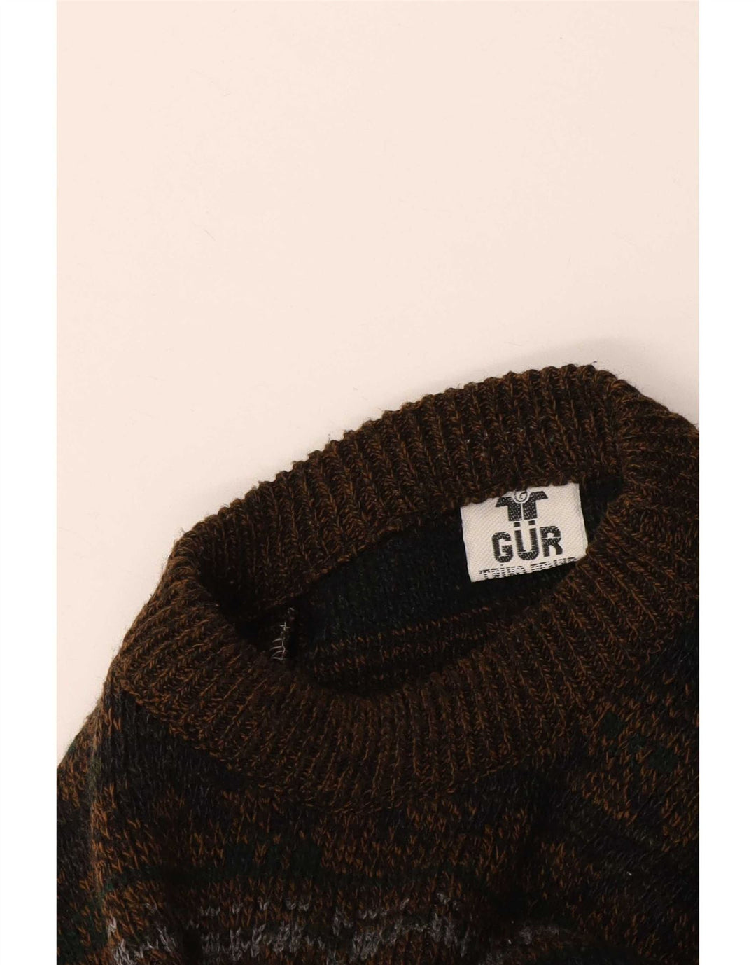 Vintage herre sweater med rund hals, stor brun Fair Isle