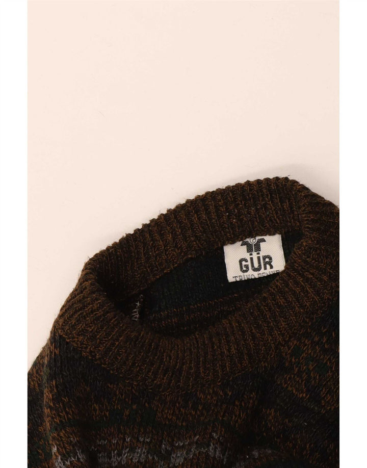 Vintage herre sweater med rund hals, stor brun Fair Isle
