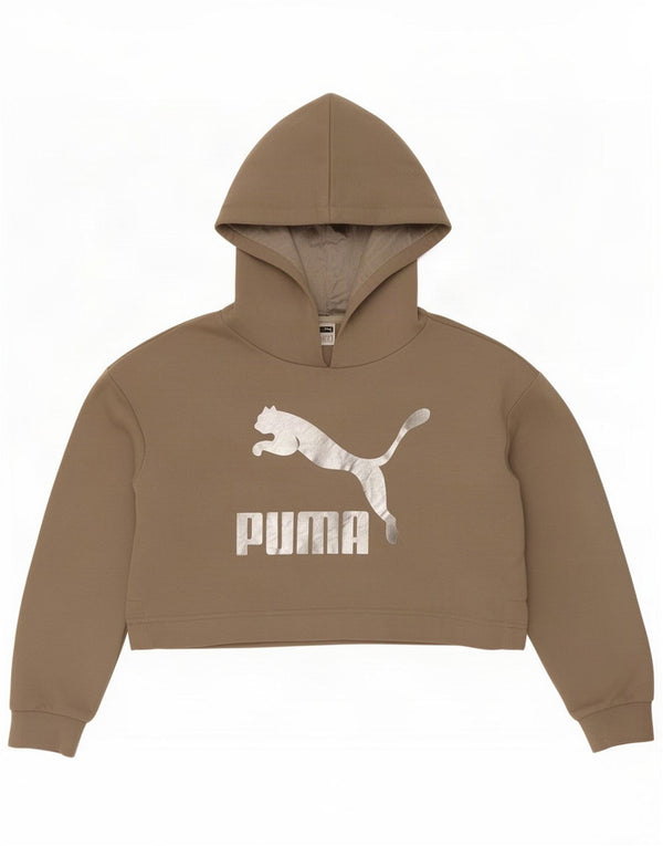 Puma Dame Oversized Crop Graphic Hoodie Jumper UK 8 Small Khaki Cotton