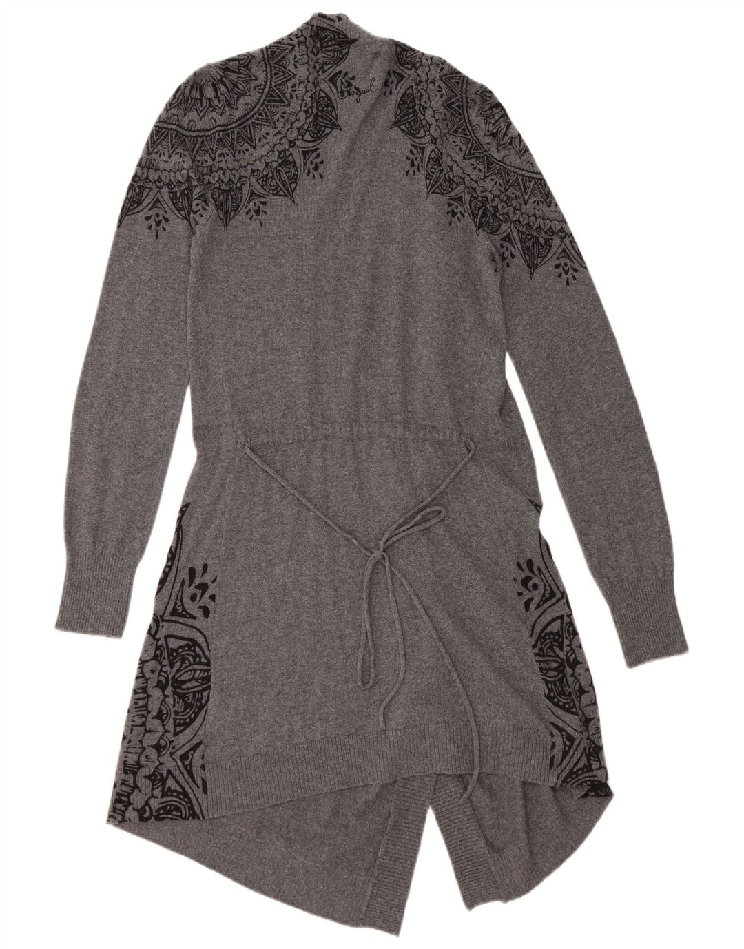 DESIGUAL Dame Longline Åben Cardigan Sweater UK 12 Medium Grey Floral