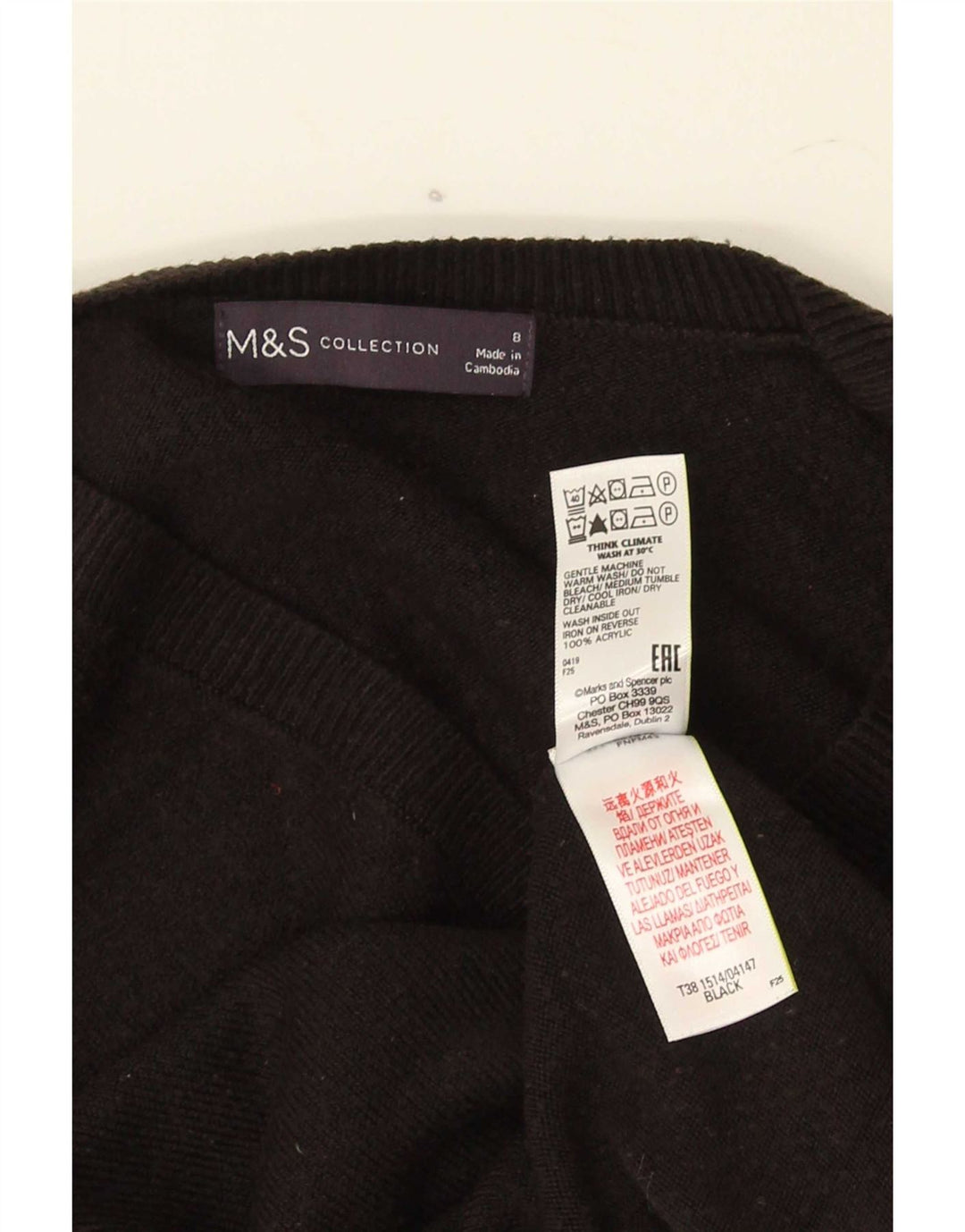 Marks & Spencer Dame V-hals sweater UK 8 Lille sort akryl