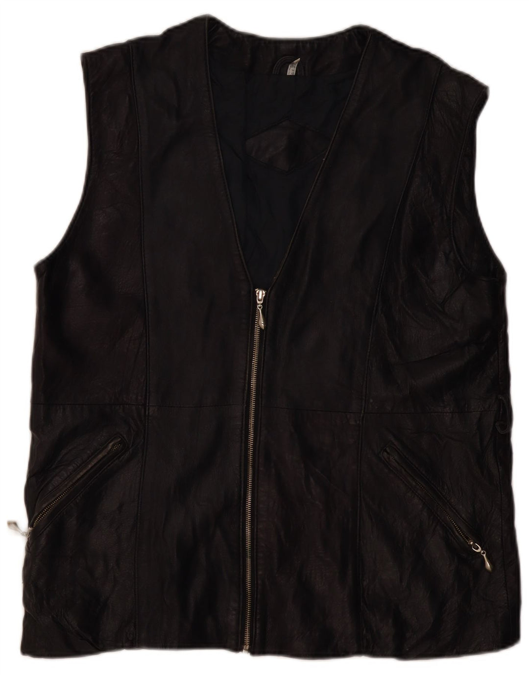 VINTAGE Dame Læder Gilet UK 16 Large Sort