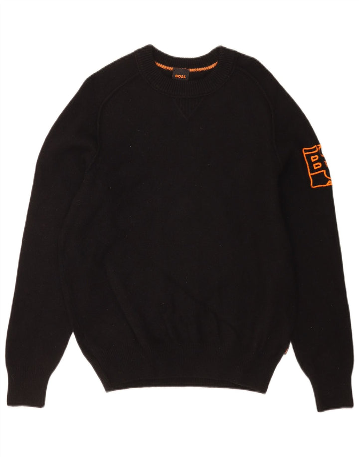 Hugo Boss Herre grafisk rund hals sweater mellem sort bomuld