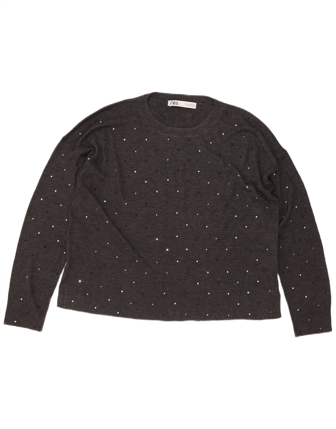 Zara Womens Crop Crew Neck Jumper Sweater UK 10 Small Grey Spotted