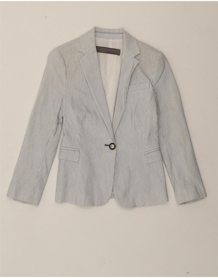 Zara Dame 1 Knap Blazer Jacket UK 10 Small White Pinstripe Bomuld