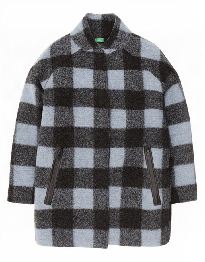 Benetton Dame Oversized Overfrakke UK 16 Large Blue Gingham Wool