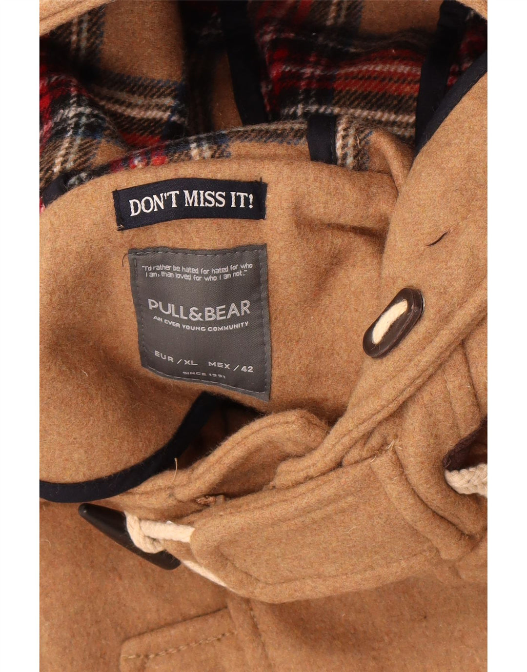 Pull & Bear Herre Hooded Duffle Coat UK 42 XL Beige Polyester