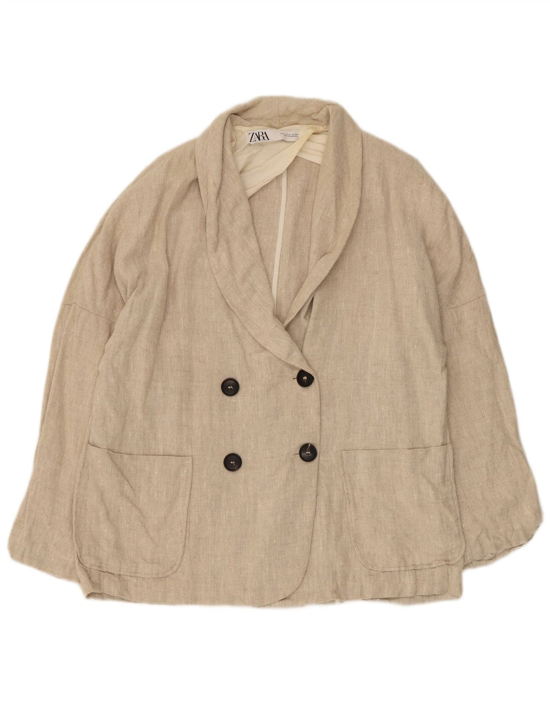 Zara Dame Oversized Double Breasted Blazer Jacket UK 10 Small Beige Linen
