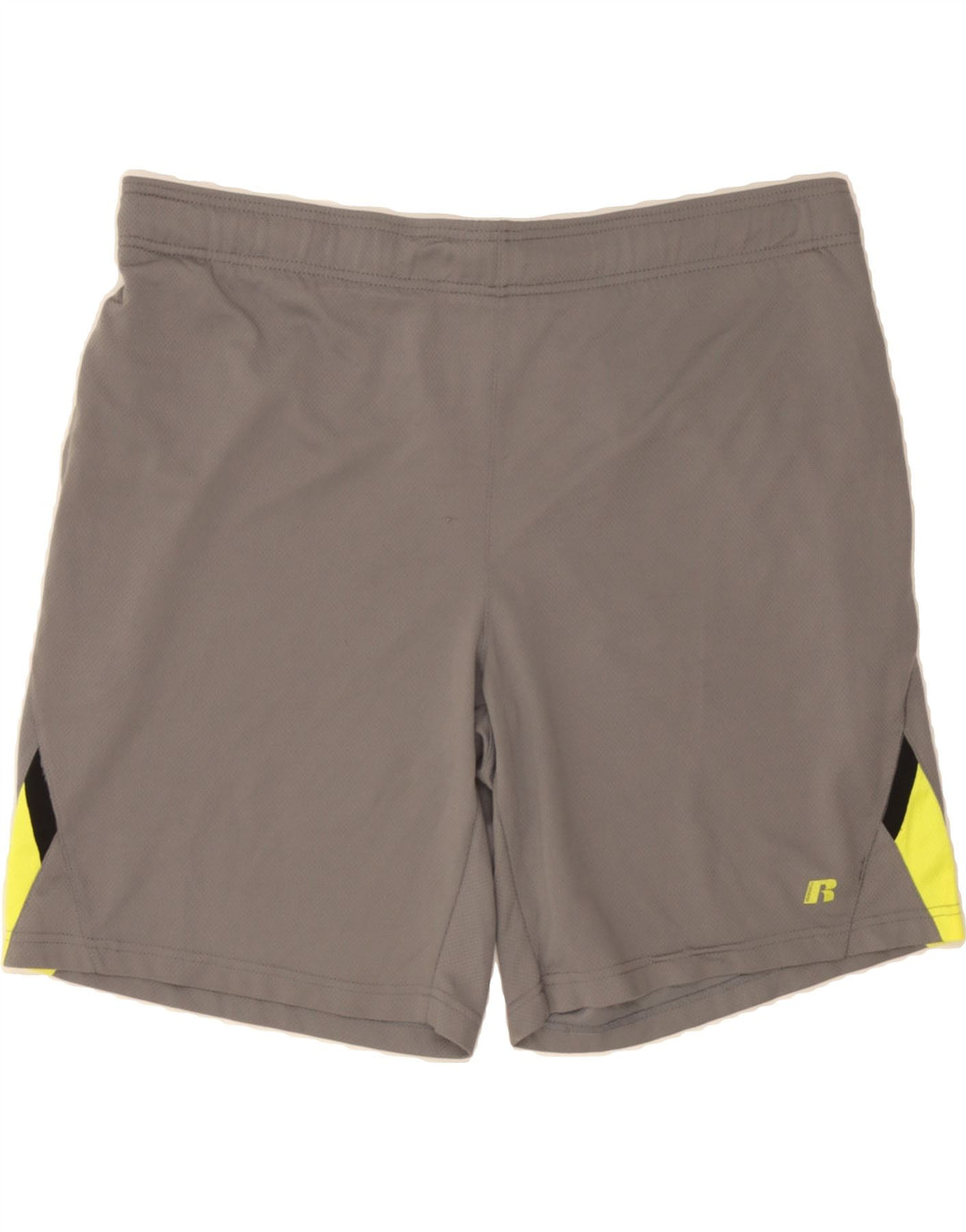 RUSSELL ATHLETIC Mens Graphic Sport Shorts XL Grey Colourblock Polyester Vintage Russell Athletic and Second-Hand Russell Athletic from Messina Hembry 