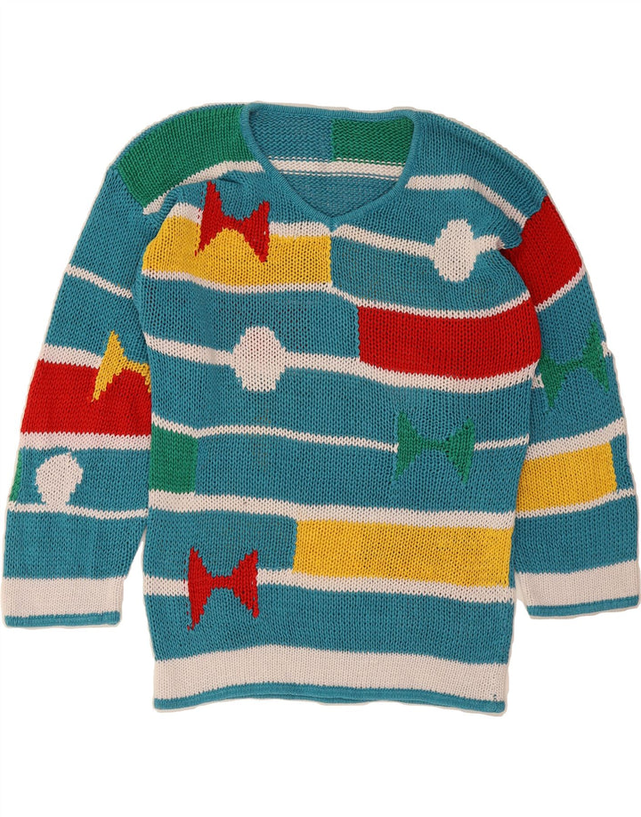 VINTAGE Womens Abstract Pattern V-Neck Jumper Sweater UK 16 Large Blue Vintage Vintage and Second-Hand Vintage from Messina Hembry 