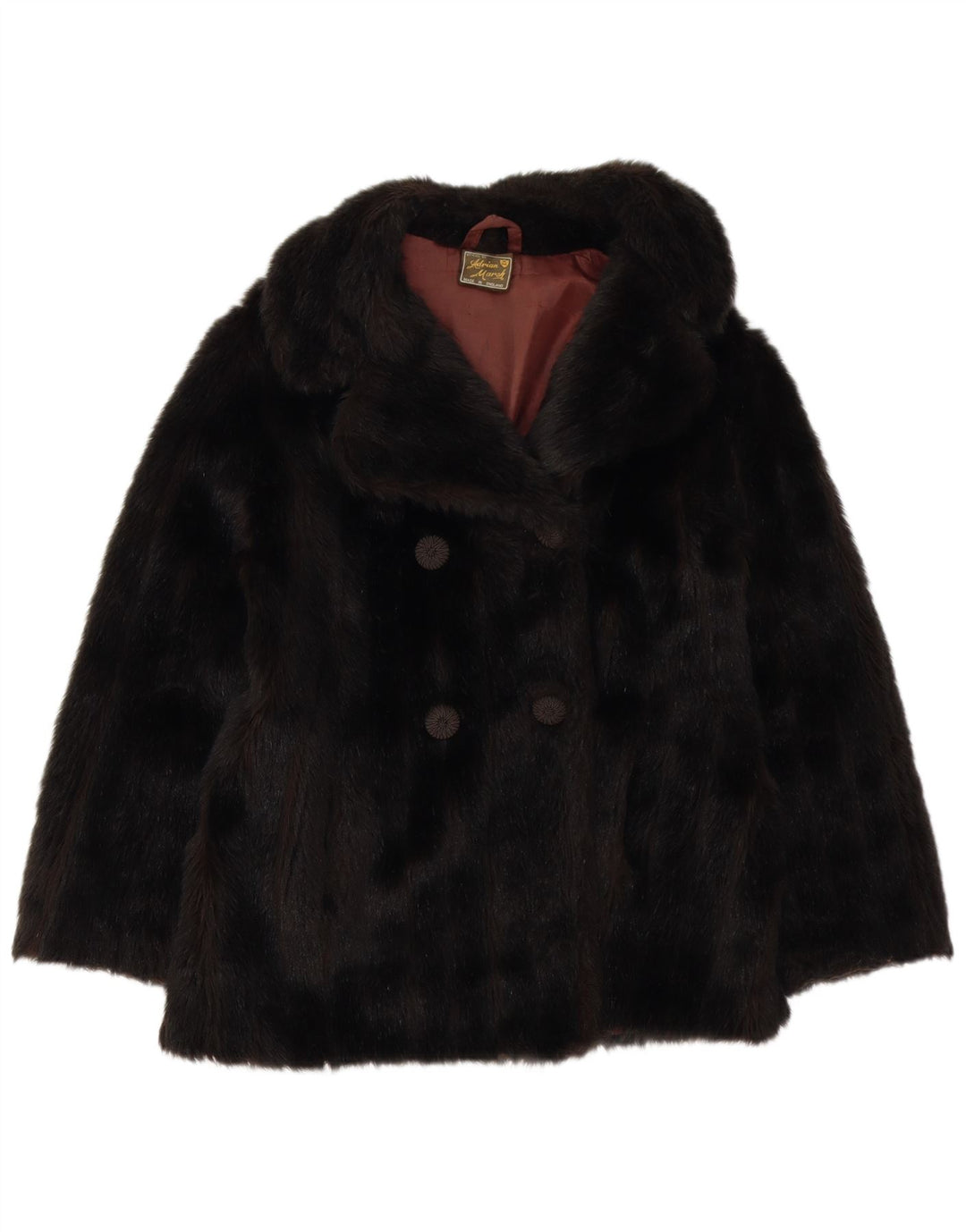 VINTAGE Dame imiteret Pels Dobbeltradet Frakke UK 10 Small Black Acryl