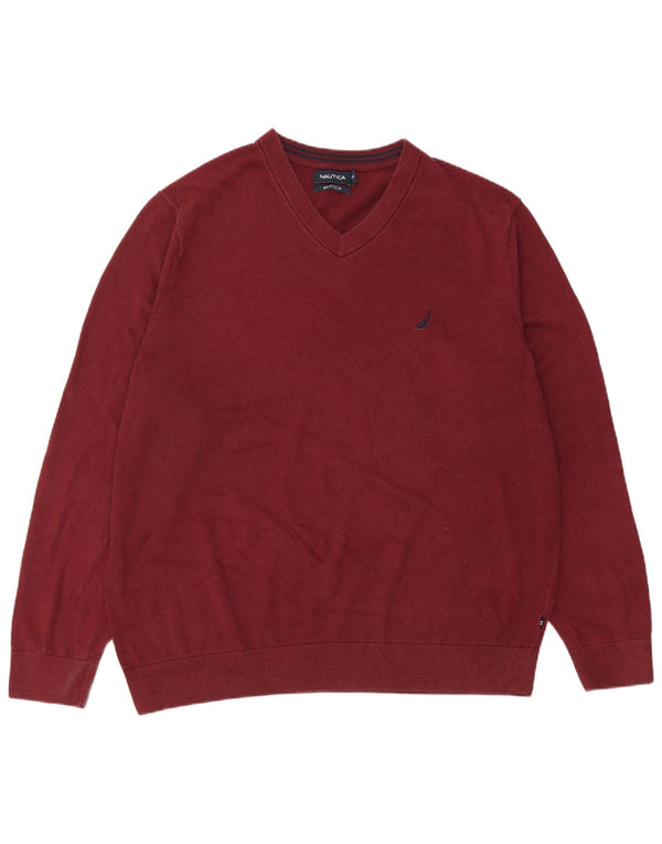 Nautica Mens Tall V-Neck Jumper Sweater XL Burgundy Cotton