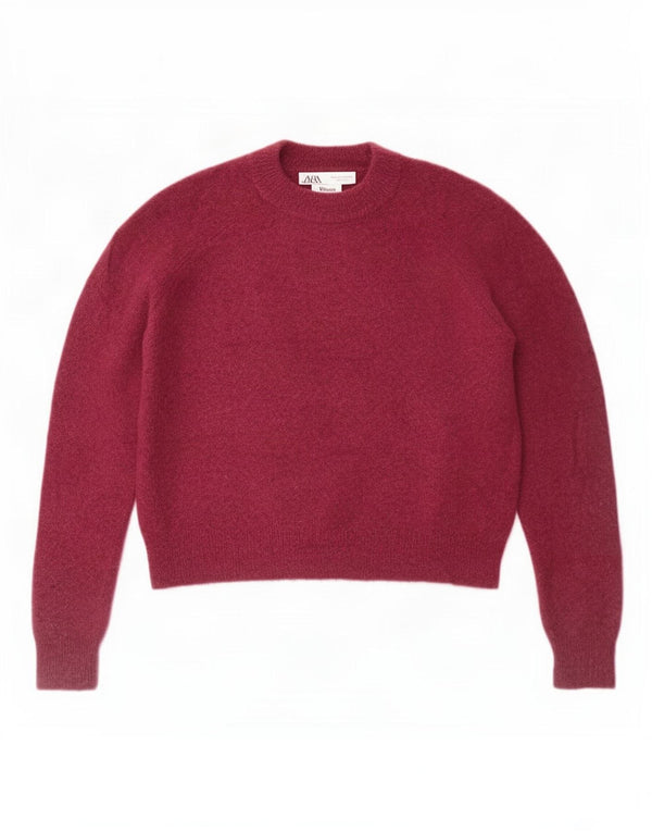 Zara Womens Crop Oversized Crew Neck Jumper Sweater UK 10 Small Burgundy