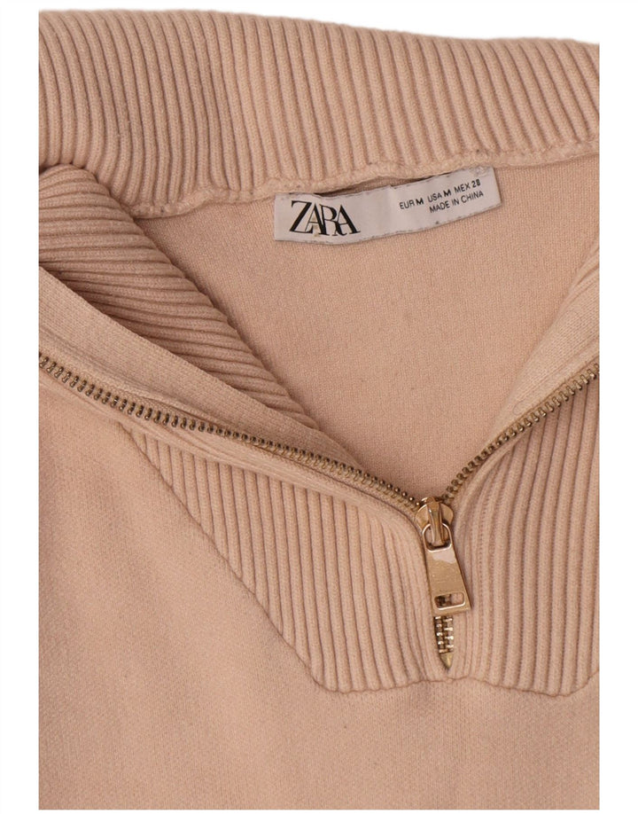 Zara Dame Oversized Zip Neck Jumper Sweater UK 14 Medium Beige Viscose
