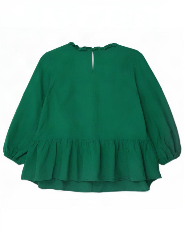 Zara Dame Langærmet Bluse Top UK 18 XL Grøn plettet bomuld