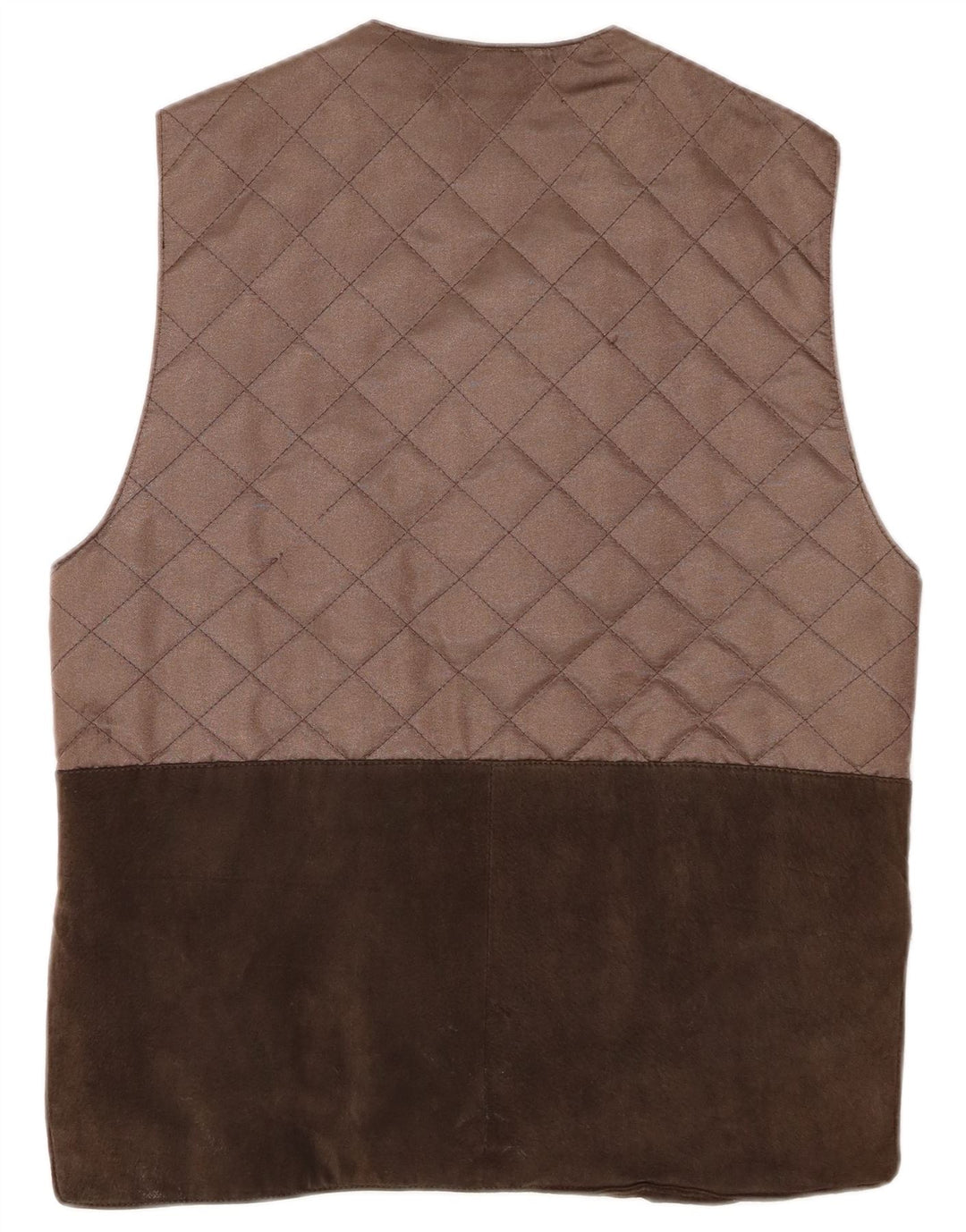 VINTAGE Dame ruskind quiltet Gilet UK 14 Large Brown Colourblock Læder