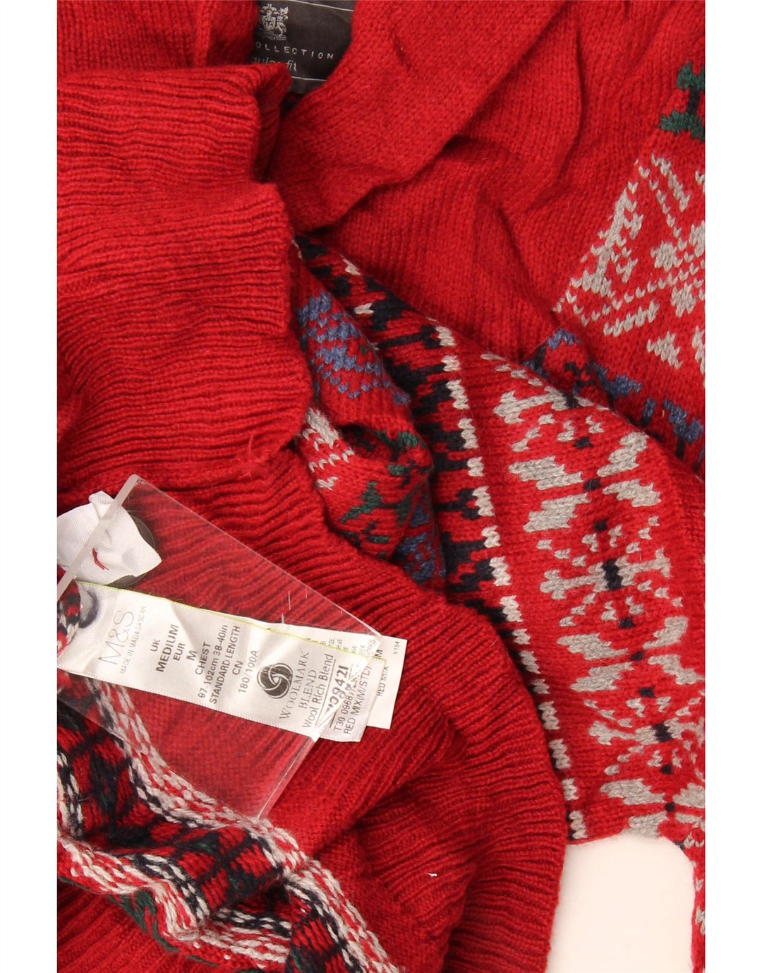 Marks & Spencer Herre Shawl Neck Jumper Sweater Medium Red Fair Isle