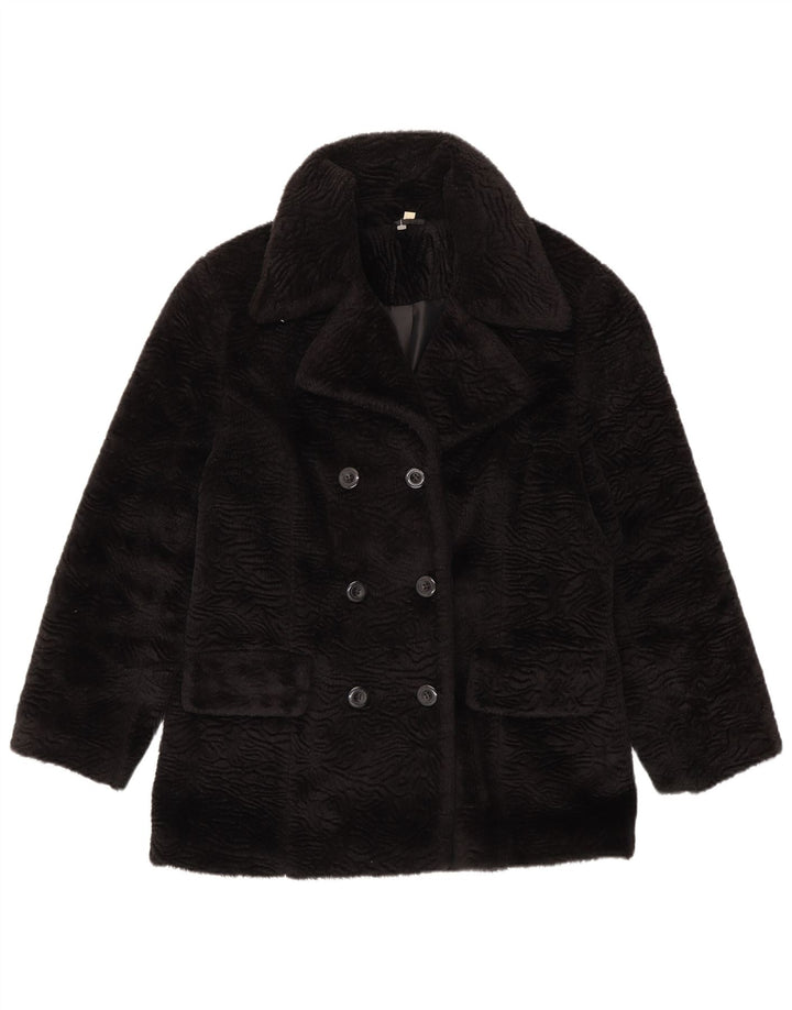 VINTAGE Womens Faux Fur Double Breasted Coat UK 14 Medium Black Classic