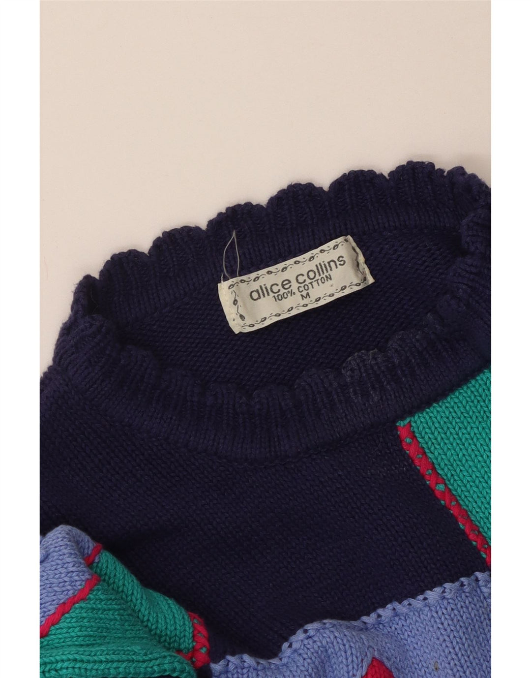 VINTAGE Dame sweater med rund hals DK 14 Medium Navy Blue Patchwork