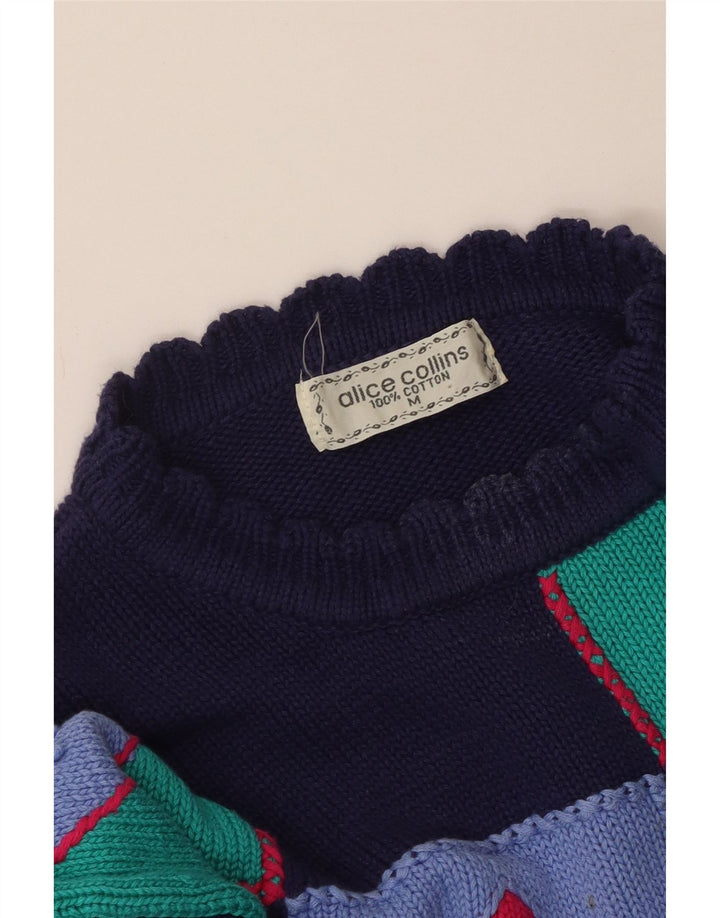 VINTAGE Dame sweater med rund hals DK 14 Medium Navy Blue Patchwork