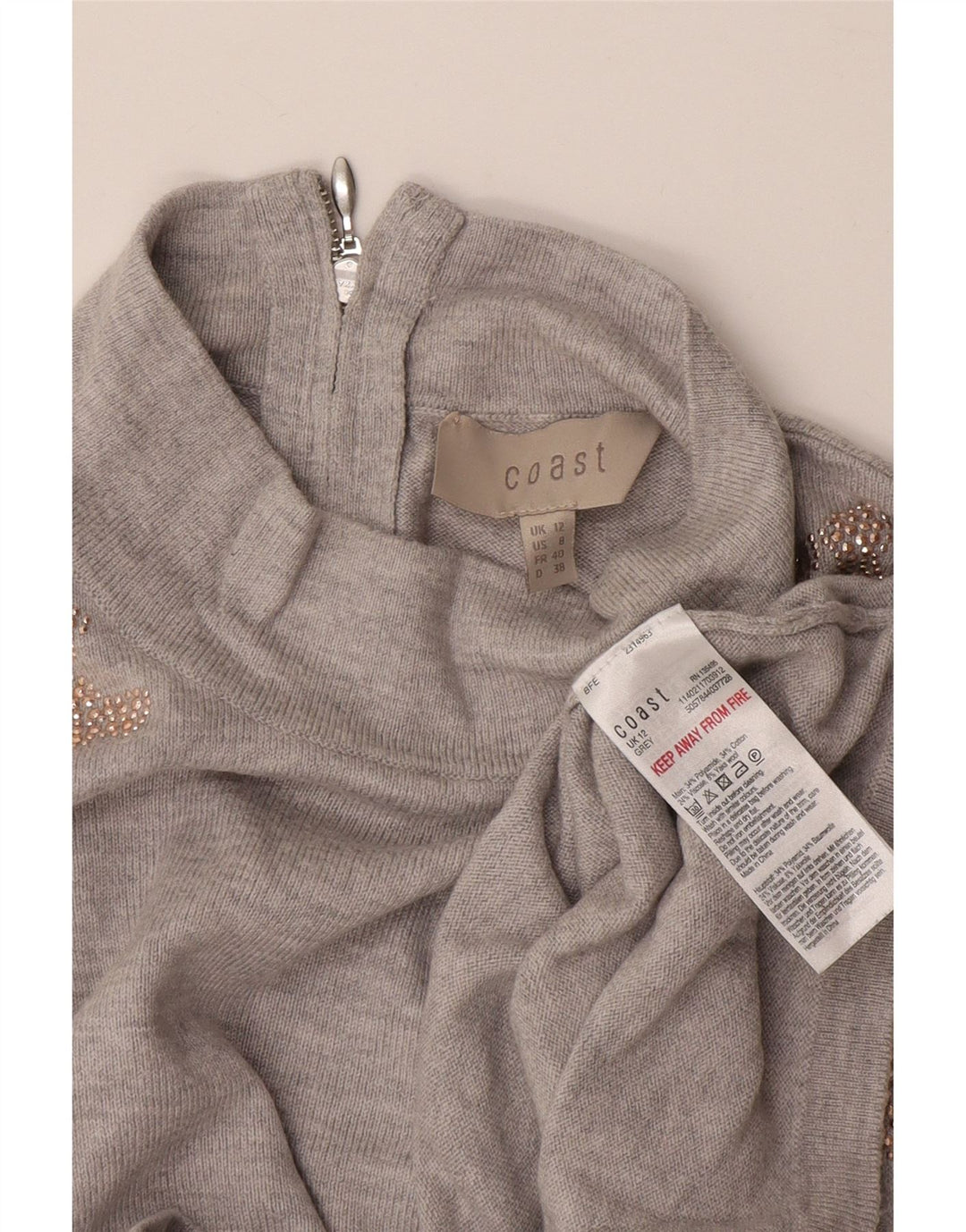 Coast Dame Turtle Neck Jumper Sweater UK 12 Medium Grey Floral Polyamid