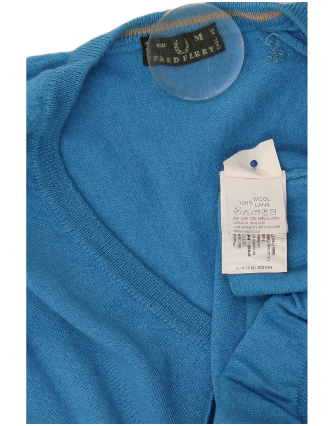Fred Perry Dame V-hals sweater UK 12 Medium Blue Wool